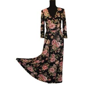 Fairy PINK Floral BLACK Maxi Dress Wrap Style LONG Bohemian Cottagecore  stretch